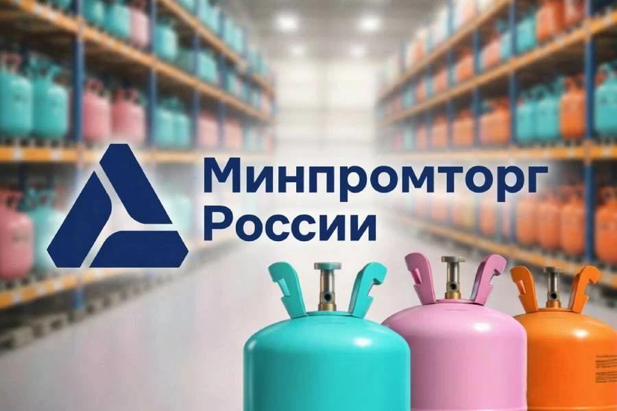 логотип Минпромторг на фоне баллонов с фреоном логотип Минпромторг на фоне баллонов с фреоном
